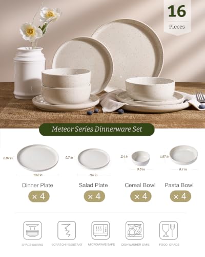 Image of Famiware Meteor Stoneware Dinnerware Sets with Pasta Bowls, Service for 4 (16 Pieces), Plates and Bowls Sets, Microwave and Dishwasher Safe Dishes Set, Creamy White
