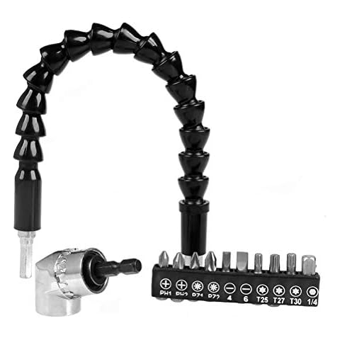 300mm Flexible Drill Bit Extension Shaft Right 105° Angle Drill Attachment Screwdriver Bits Set, 1/4" Hex Shank Flexible Screwdriver Extension Set Magnetic Bit Socket Holder Adapter Kit, QLOUNI Cover