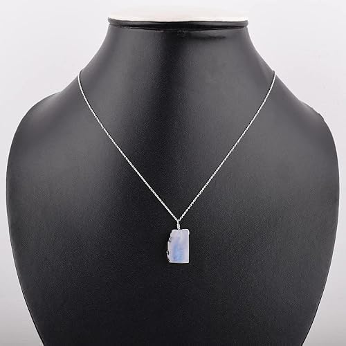 Rainbow Moonstone Sterling Silver Necklace For Women Handmade Pendant, Crystal Raw Rough Gemstone, June Birthstone Gift Chain 20 inch, Girls Jewelry - Image 2