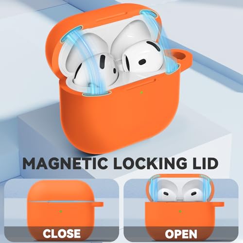 Image of Ljusmicker for AirPods 4 Case 2024 with Magnetic Lock,Orange | Soft Silicone Protective Cover for Apple AirPods 4th Generation Case with Cleaner Kit & Keychain for Women Men,Shockproof