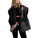 Shiyifa Womens Oversized Puffer Vest Sleeveless Lightweight Zip Up Padded Gilet Warm Coat Outwear with Detachable Hood(Black,M)