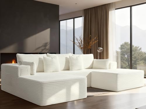 Image of 108 inch Oversized Cloud Sectional Couch, Comfort U Shaped Boneless Sofa for Living Room, Extra Deep Seats No Assembly, Modular Sofa, Corduroy (Cream, 2 Seater + Left Facing Chaise + Ottoman)