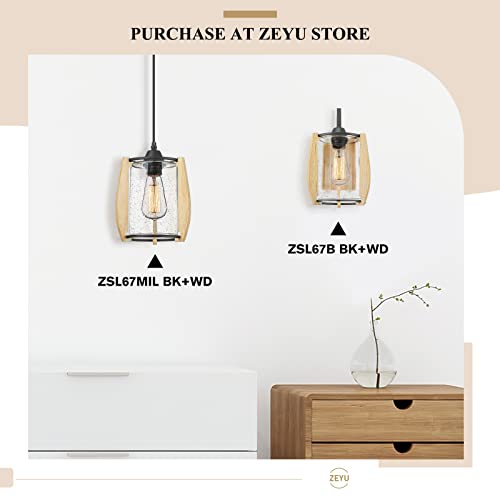 Image of zeyu Farmhouse Wood Pendant Light, 1-Light Rustic Wooden Hanging Light with Seeded Glass Shade, Black Finish, ZSL67MIL BK+WD