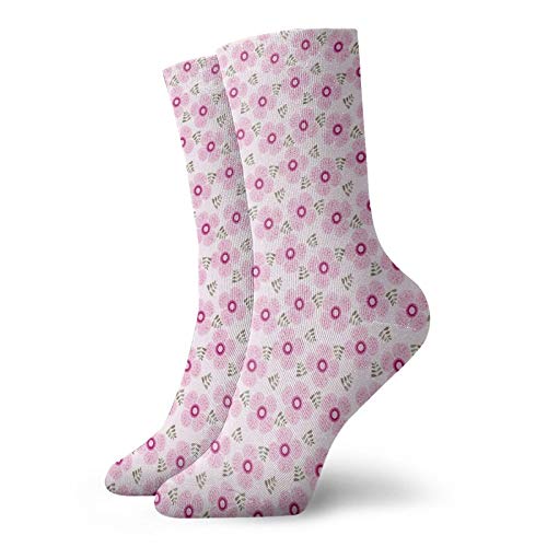Fashion Compression Socks,Pink Blossoms With Dotted Petals And Leaves Girlish Kids Nursery,Performance Polyester Cushioned Athletic Crew Socks for Running,Athletic, -12 inch