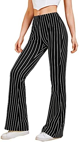 WDIRARA Women's Elastic High Waist Striped Flare Leg Casual Long Pants Black White Stripe M