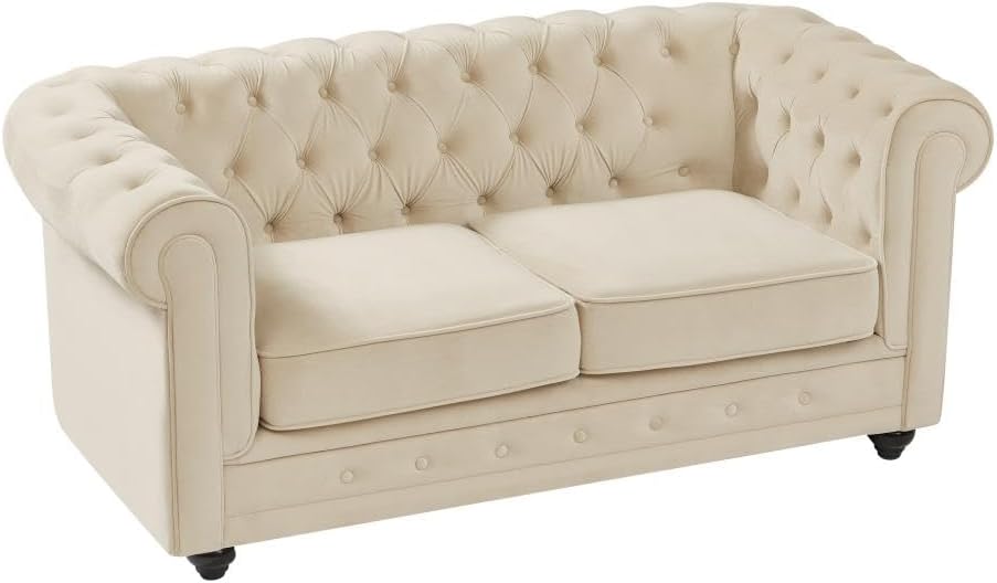 Frontal inclinat view of the Vente-unique Chesterfield Beige Velvet 2 Seater Sofa