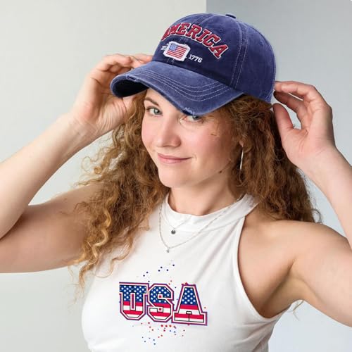 Image of USA American Flag Hat for Men Women Patriotic Fourth of July Baseball Cap Adjustable Dark Blue