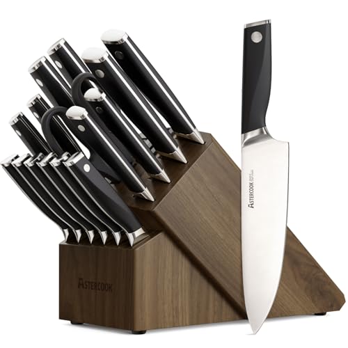 Astercook Knife Set Kitchen with Block and Sharpener Premium Full Tang 17 Pcs German Stainless Steel Knives Dishwasher Safe Kitchen Utensils Set with with and Anti-slip Ergonomic Handle, Cre