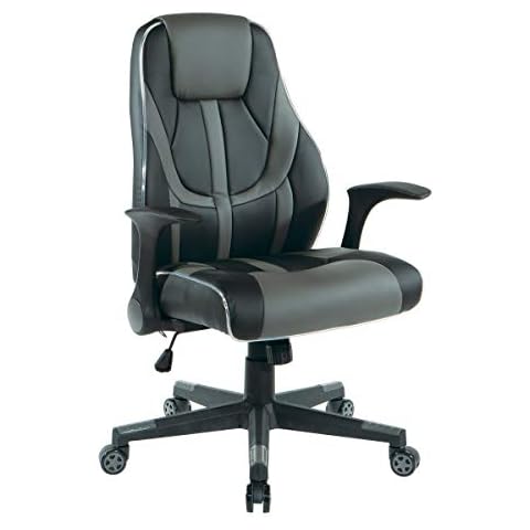 OSP Home Furnishings Output Mid-Back LED Lit Gaming Chair, Black Faux Leather With Grey Trim and Accents Cover