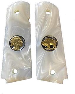 Premium Gun Grips Full Size 1911 Grips Pearl w/Buffalo Nickel 24k gold plated W/Black Ruthenium compatible Clones Taurus, S&W, Springfield, RI Mother of Pearl 4 gold screws - Premium Gun Grips