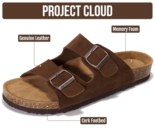 Image of Project Cloud Mens Sandals, 100% Genuine Leather Mens Slides (Heritage) | Memory Foam Insole & Cork Footbed Slides for Men Footwear Non Slip Summer Sandals for Men & Lightweight Sandals Men