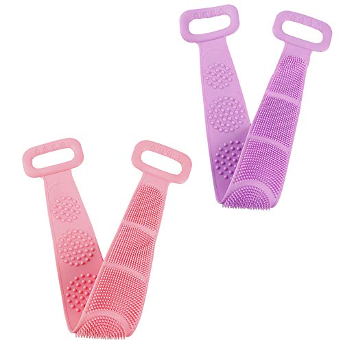 2 Pack Silicone Bath Body Brush, MOTASOM Exfoliating Double Side Silicone Body Back Shower Scrubber, Bath Shower Towel for Men and Women - Lathers Well & Skin-friendly (Purple+Pink)