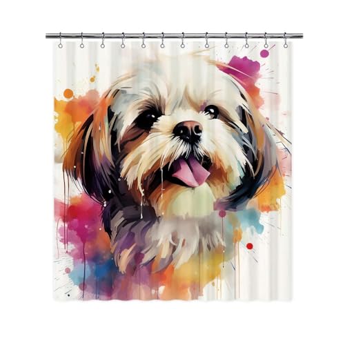 Ganshan Bi Lovely Shih Tzu Dog Shower Curtain Colorful Painting Dog Puppy Pet Animal Print Bath Curtains for Bathroom Home Decoration with 12 Hooks 66x72 Inch White Style 2