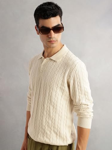 Image of Thomas Scott Men's | Regular Fit | Long Sleeves | Self Design | 100% Cotton | Button Closure | Dry Clean | Polo Collar | Knitted | T-Shirt