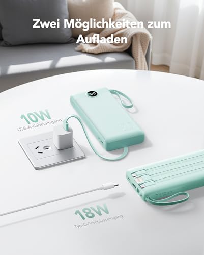 VRURC Powerbank, Power Bank 20000mAh mit Kabel USB C Schnelles Aufladen 22.5W Tragbares Ladegerät Fast Charging mit LED Display Externer Handyakkus Kompatibel mit iPhone, Huawei usw 6