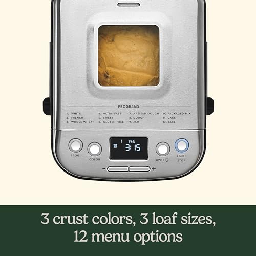 Cuisinart Bread Maker Machine, Stainless Steel Automatic Bread Machine with 12 Menu Options, 3 Loaf Sizes up to 2 Lb., 3 Crust Colors, Removable Nonstick Baking Pan & Kneading Paddle, CBK-110NAS image 3