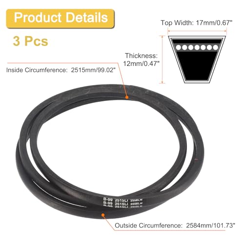 Image of uxcell 3 Pack B99 Classic V-Belt, 102 inch Outside Circumference, Black, Industrial Rubber V-Belt