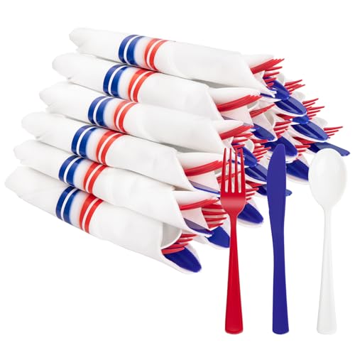 Liacere 400PCS 4th of July Pre Rolled Silverware and Napkin-Disposable Utensils-Wrapped Plastic Patriotic Cutlery Set 100 Red Forks 100 Blue Knives 100 White Spoons 100 Napkins for Independence Day