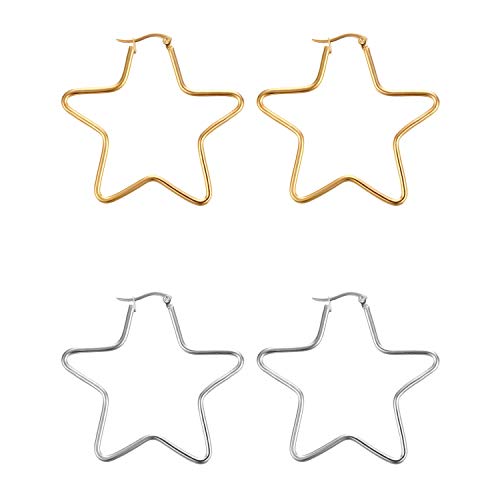 Pendientes de aro Cupimatch de acero inoxidable con pentagrama en dorado y plateado