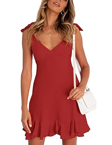 Relipop Women s Dress V Neck Tie Shoulder Sleeveless Zip Back Ruffle Hem Solid Casual Summer Short Dresses Red