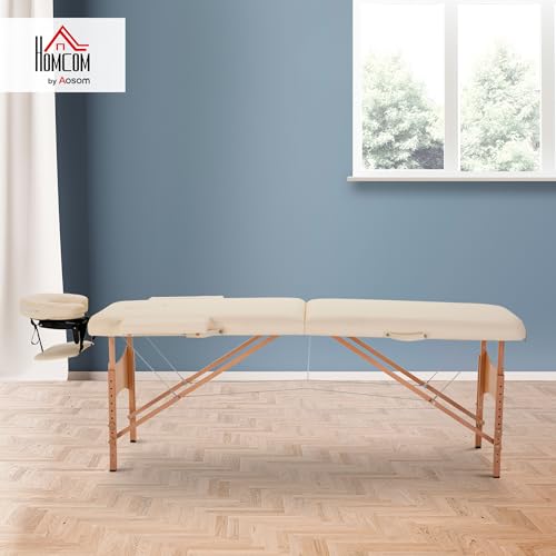 HOMCOM Lit/Table de Massage Cosmetique Pliable en Bois 2 Zones Crème – vue 2