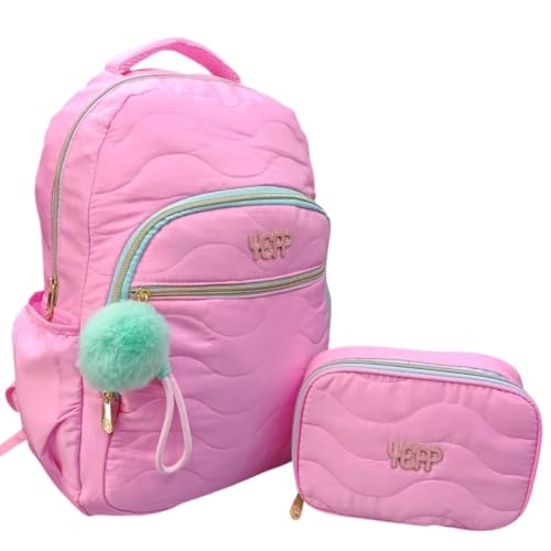 Kit Mochila de Costas e Estojo Box Matelassê Feminino Fashion Escolar Faculdade (Rosa)