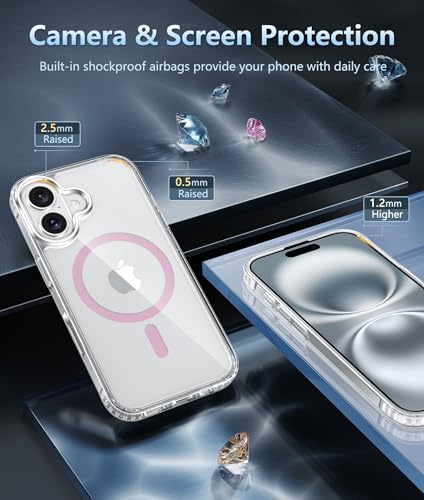 Image of FNTCASE for iPhone 16 Plus Case: Clear Magnetic Phone Cases Compatible with Magsafe Slim Anti Yellowing Military Grade Drop Protection Rugged Protective Transparent Cell Phone Cover (C-A Pink)