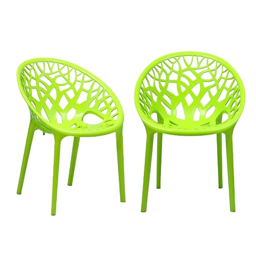 Image of Oaknest Neelkamal Crystal Plastic Chair - Stylish Tree-Design Backrest, Lightweight & Durable for Home, Garden & Patio (Lime Green), Set of 2 Piece