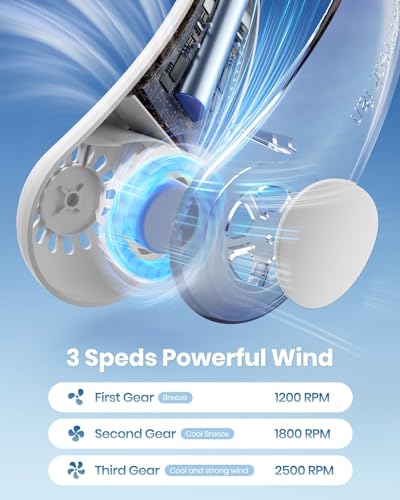 Image of Portable Neck Fan, Rechargeable, 3 Speed Settings, 62mm Airflow, Adjustable Design, White