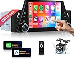 Podofo Single Din Car Stereo with Wireless Carplay and Android Auto, 5 inch HD Touch Screen 1 Din Car Radio Bluetooth 5.0 with Mirror Link FM Radio USB/Type-C Slot + SWC Rear Camera Remote Control