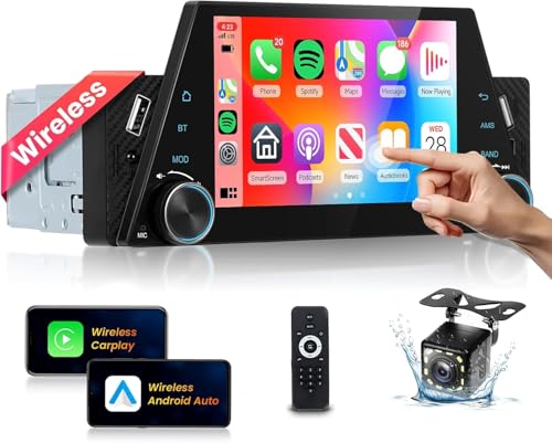 Podofo Single Din Car Stereo with Wireless Carplay and Android Auto, 5 inch HD Touch Screen 1 Din Car Radio Bluetooth 5.0 with Mirror Link FM Radio USB/Type-C Slot + SWC Rear Camera Remote Control