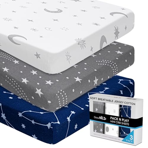 Image of GROW WILD Pack n Play, Mini Crib Sheets 3-Pack | Soft Jersey Sheet Set for Boys or Girls | Playard Mattress, Pack and Play Sheets Fitted | Portable Bassinet Sheet - Stars & Moon Nursery Bedding