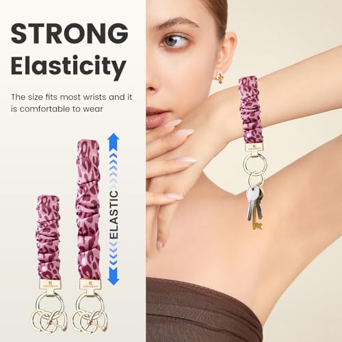 Image of Scrunchie Keychain Wristlet, Key Chain for Car Keys with D Ring, Stretchy Phone Charms with Tether Tab for Women.
