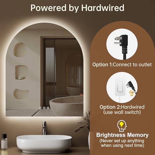 Image of Arched Backlit Mirror Bathroom 30 inchx36 inch- Frameless LED Bathroom Mirror with Lights, Fogless, Dimmable, 3 Color Changing, Shatterproof, Touch Sensor
