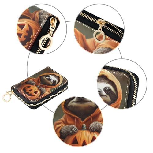 Small Women's Wallet Credit Card Holder RFID Blocking Zip Around Coin Change Purse with Zipper Sloth Halloween Pumpkin Cute4