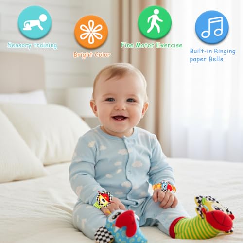 Image of SNOWIE SOFT Rattle Set for Babies 0-6 Months, Baby Socks and Wristband Rattle Toy Set, Cartoon Fun Cotton Sock with Cartoon Plush Rattles Toy for Newborn Baby Gift