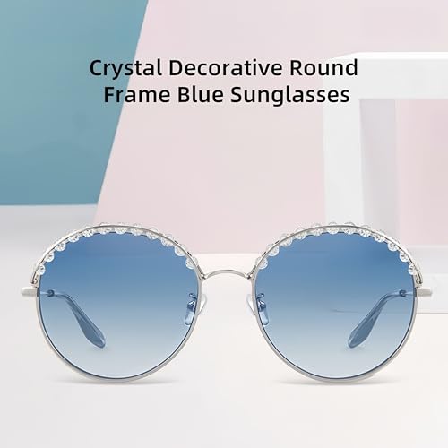 HEPTICS Round Crystal Sunglasses, Blue Gradient Lenses, Silver Frame, UV Protection, Fashion Shades for Women2