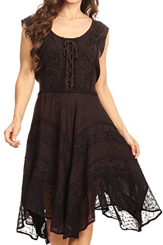 Image of Sakkas Sundara Stonewashed Rayon Embroidered Mid Length Dress