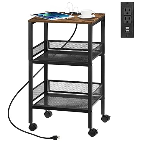 SHINOSKE End Table, Side Table with Charging Station, 3-Tier Tall Bedside Table with USB Ports and Power Outlets for Living Room, Bedroom, Study, Office(Rustic Brown) Cover