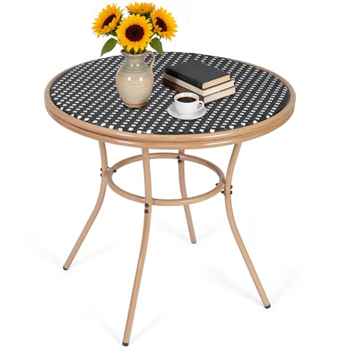 WENTUM 31 Round Outdoor Bistro Table All-Weather PE Rattan Patio Side Table w/Sturdy Metal Frame & Adjustable Foot Pads Wicker Dining Table for Poolside Backyard Garden Balcony Black/White