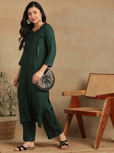 Image of Lucknowi Chikankari Floral motifs Embroidered Liva Green Straight Kurta with Palazzo For Women