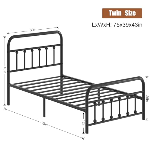 Image of Shintenchi Full Size Bed Frame with Headboard and Footboard, Metal Mattress Foundation with Under Storage, Steel Slats, No Box Spring Needed, Noise Free, Gray