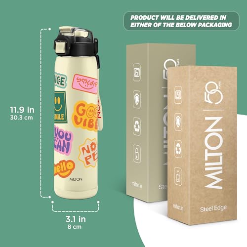 Image of Milton Steel Edge 900 Thermoware Water Bottle 600 ml with One Touch Safety Lock & Twin Lid Sip or Gulp,Long Hours Hot & Cold,Leak Proof,ISI Certified,Vacuum Insulated,for Office,Gym,School, Ivory