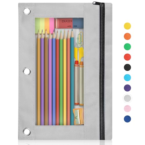 Image of Shemira Pencil Pouch for 3 Ring Binder, Binder Pencil Pouch with Smooth Zipper, Clear Window Pencil Case for Binder, Zipper Pencil Pouches, Big Capacity 3 Ring Binder Pencil Bag, Grey