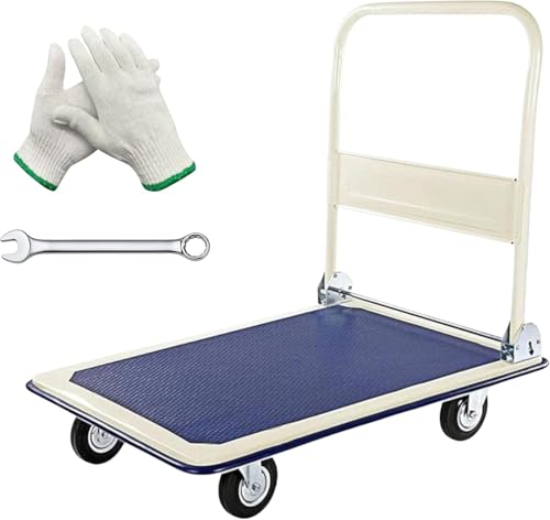 Heavy-Duty Folding Platform Hand Truck -150 kg Capacity Folding Platform Trolley with Non-Slip Deck and Silent Swivel Wheels Blue Platform Truck for Warehouse Office Home Use