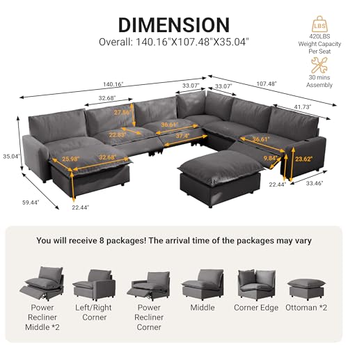 Image of 140.16 inch Power Reclining Sofa with Wireless Charging & Heated Seats,Smart Recliner Sectional Couch,Zero Gravity Recliner Sofa,Deep Seat Cloud Couch for Living Room Home Theater,Grey,8 Seats