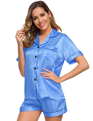 Image of SWOMOG Womens Silk Satin Pajamas Set Short Sleeve Sleepwear Button Down Top and Shorts Loungewear 2 Piece Pjs Set XS-3XL