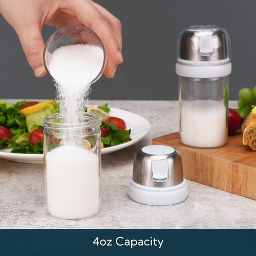 Image of KTCHENDAO 2 in 1 Glass Salt Shaker with Side Pour Spout, Built-in Lid to Slow Down Dampness with Mearsuring Marks, Elegant Borosilicate Glass Salt Dispenser for Kitchen, BPA Free, 4oz (White)