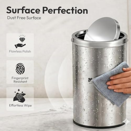 Image of Mumma's LIFE 10L Dustbin for Kitchen with Lid | Stainless Steel Swing Lid Trash Can | Steel Trash Can for Home & Office | Dustbin for Bathroom, Bedroom & Washroom (8x12 Inch)