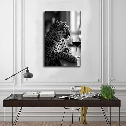 Tableau léopard buvant du vin 60x90 impression HD toile tendue